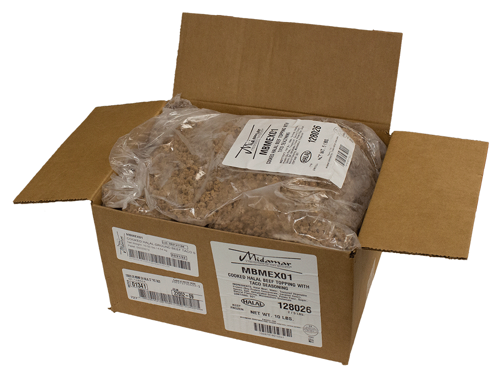 an open case with product in a translucent bag exposed, the label reads cooked halal beef topping with taco seasoning
