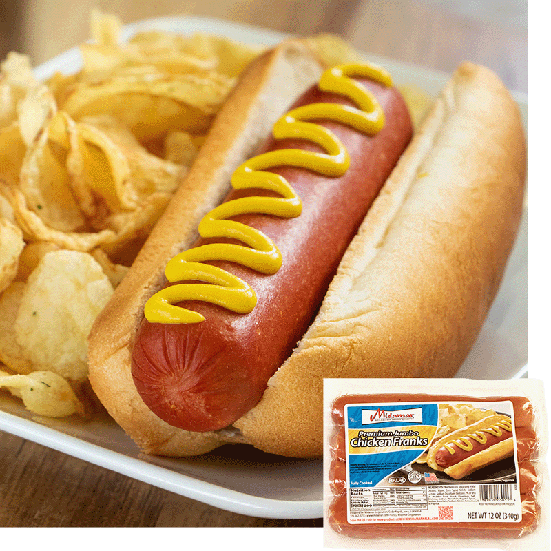 Midamar's jumbo chicken frank sits in a bun, the chicken frank has mustard on the top. Beside it, there's a pile chips. in the bottom right corner is an image of the product package 