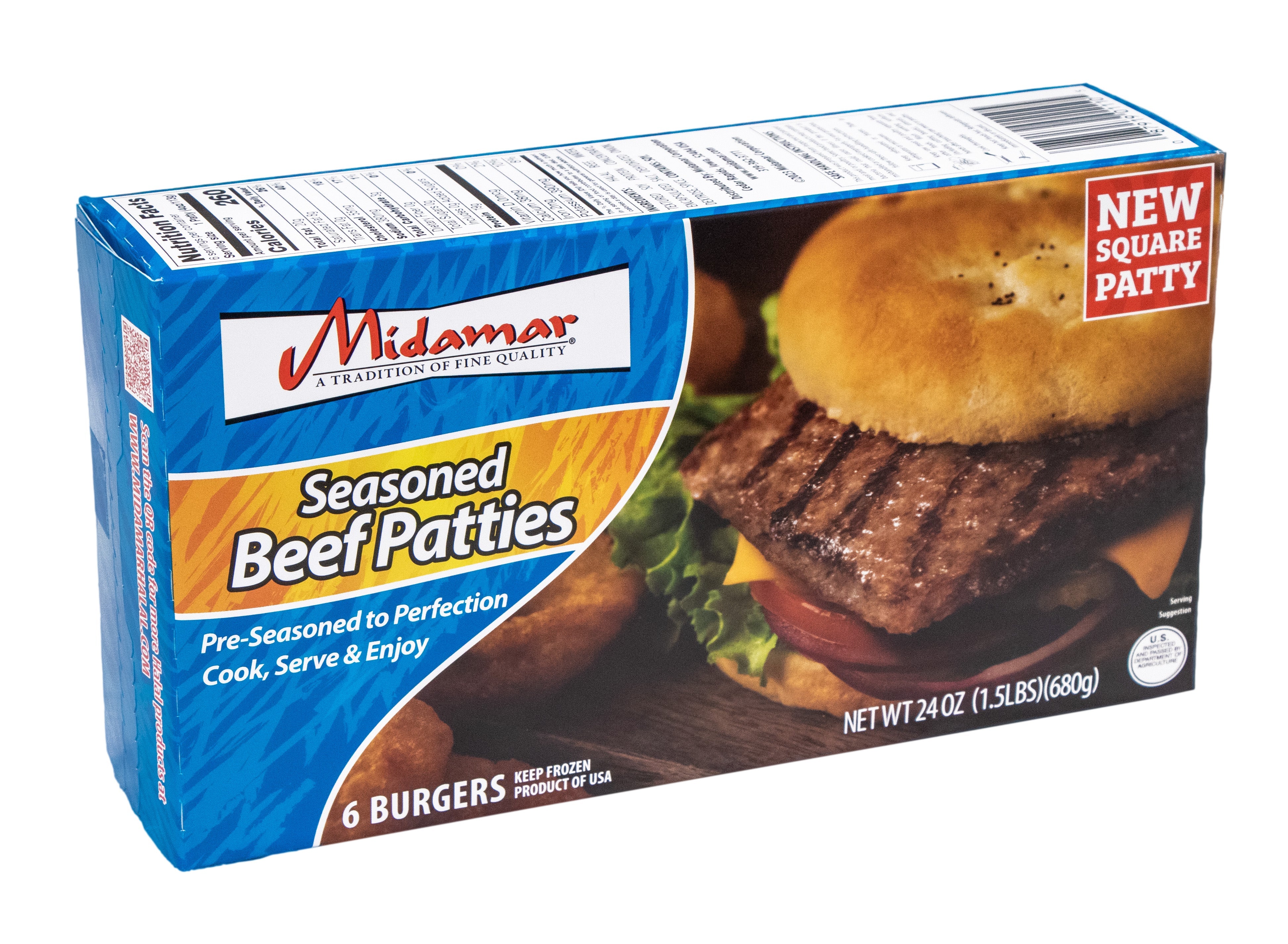 an image of midamar's seasoned beef patty retail package
